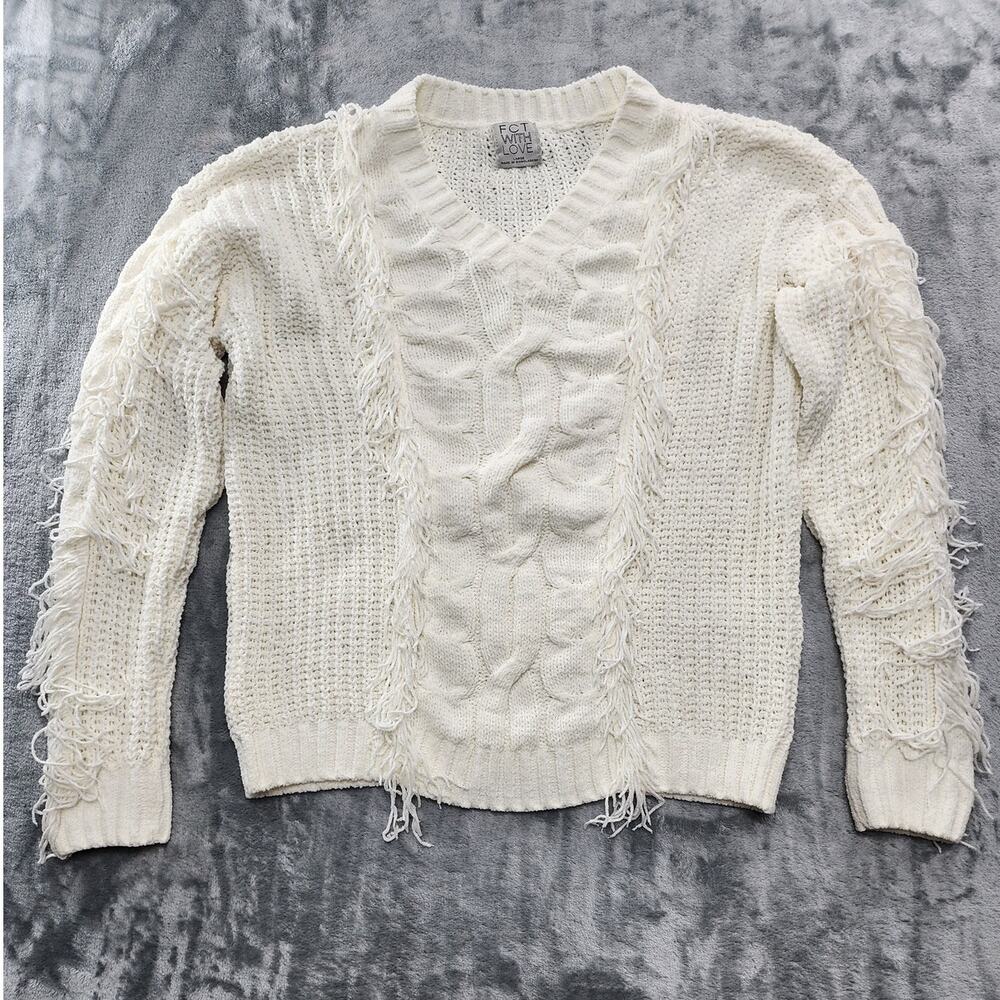 FCT With Love‎ Sweater Womens L Cream Chunky Knit Fringe V-Neck Pullover Western